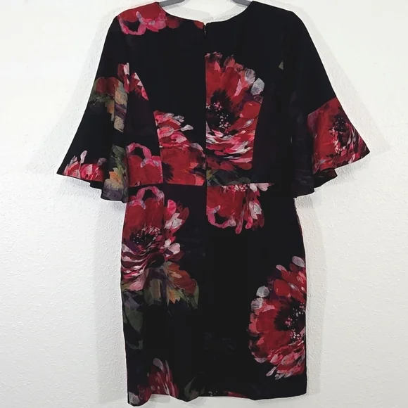 Trina Turk Black Dress Red Floral Bell Sleeves Lined Career Party Event , 10 - Picture 6 of 9